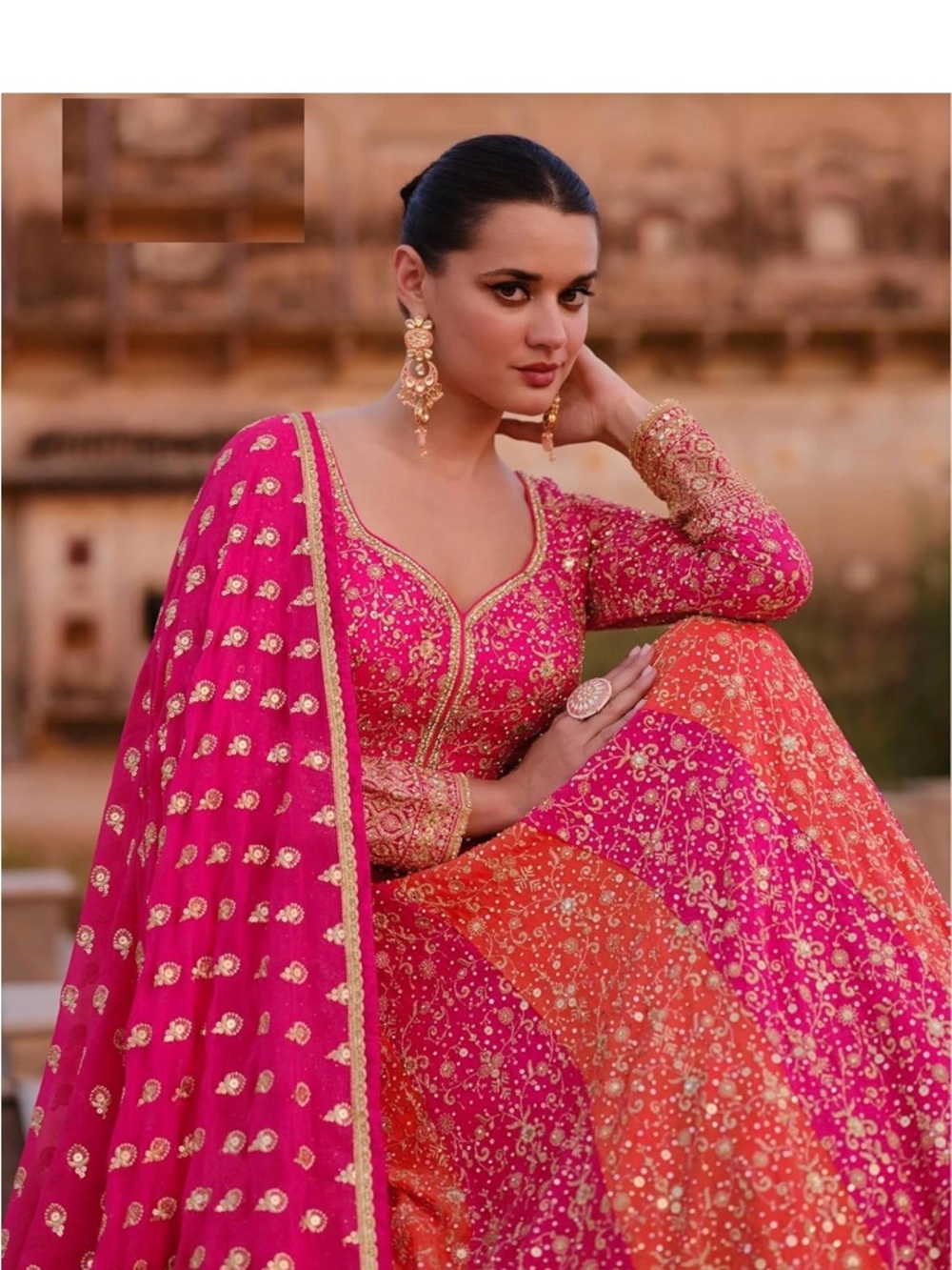 Vibrant Pink & Orange Embroidered Women’s Indian/Pakistani Anarkali Dress